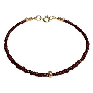 Hand Crafted Burgundy, Shiny Brown & Gold Tone Beaded Bracelet Size 7.5 NEW